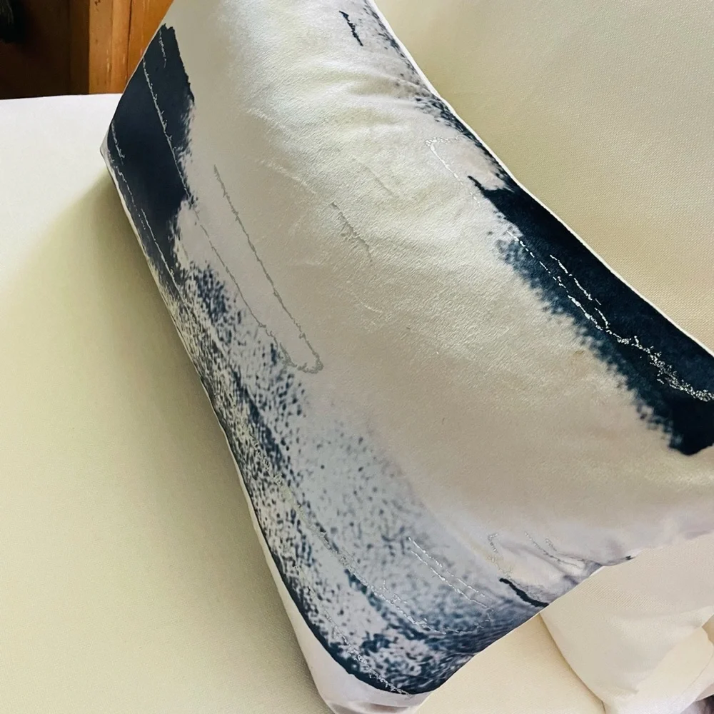 CALLISTO HOME Metallic Silver Foil Blue Velvet Lumbar Throw Pillow 14 x 23” New